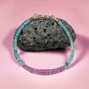 Handcrafted Natural Blue Zircon & Pink Sapphire Bracelet | Solid 14K Gold 7.25"